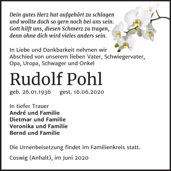 Traueranzeige von Rudolf Pohl von Super Sonntag Wittenberg