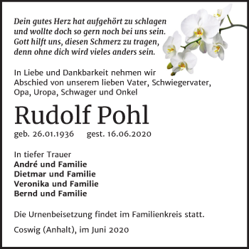 Traueranzeige von Rudolf Pohl von Mitteldeutsche Zeitung Wittenberg