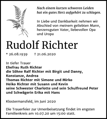 Traueranzeige von Rudolf Richter von Mitteldeutsche Zeitung Mansfelder Land