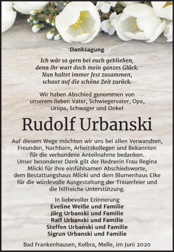 Traueranzeige von Rudolf Urbanski von Super Sonntag Sangerhausen