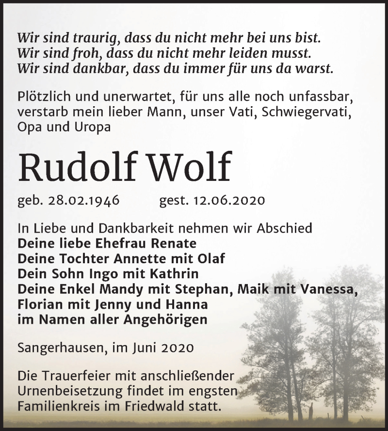 Traueranzeige für Rudolf Wolf vom 27.06.2020 aus Mitteldeutsche Zeitung Sangerhausen