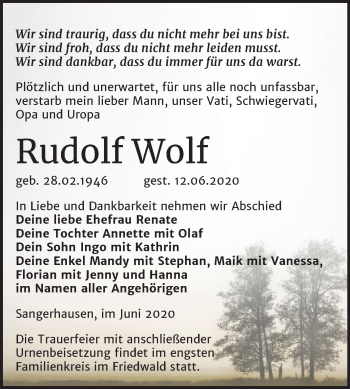 Traueranzeige von Rudolf Wolf von Super Sonntag Sangerhausen