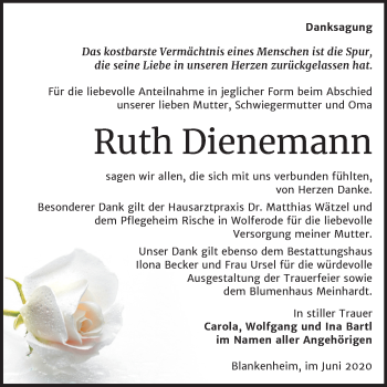 Traueranzeige von Ruth Dienemann von Mitteldeutsche Zeitung Sangerhausen