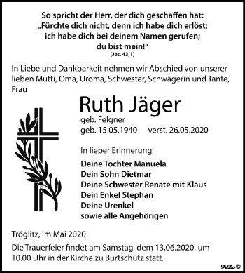 Traueranzeige von Ruth Jäger von Mitteldeutsche Zeitung Zeitz
