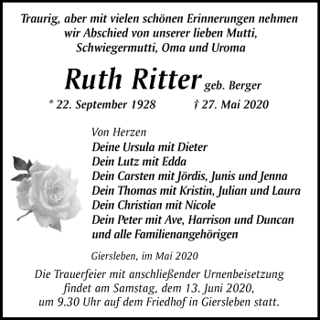 Traueranzeige von Ruth Ritter von Mitteldeutsche Zeitung Aschersleben
