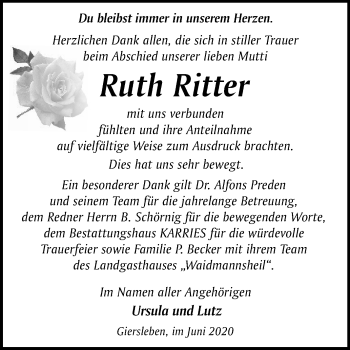 Traueranzeige von Ruth Ritter von Super Sonntag Aschersleben