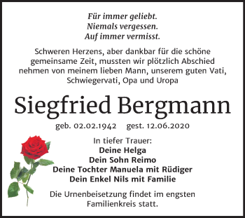 Traueranzeige von Siegfried Bergmann von Mitteldeutsche Zeitung Bitterfeld
