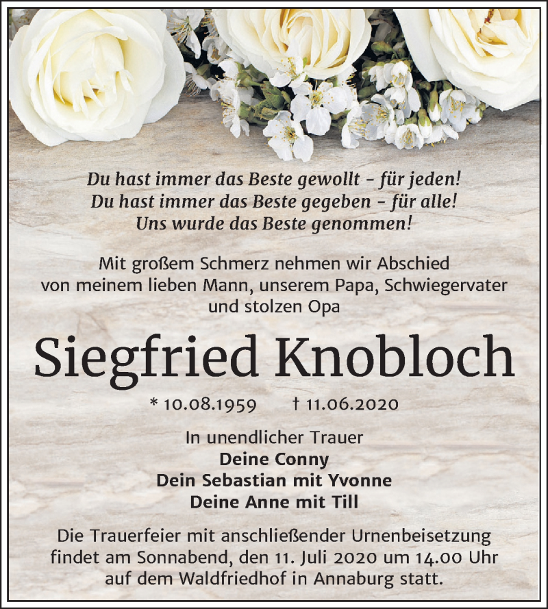  Traueranzeige für Siegfried Knobloch vom 27.06.2020 aus Mitteldeutsche Zeitung Wittenberg