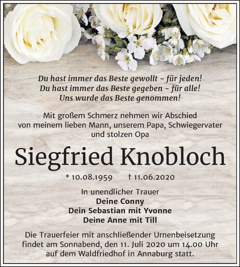  Traueranzeige für Siegfried Knobloch vom 27.06.2020 aus Super Sonntag Wittenberg