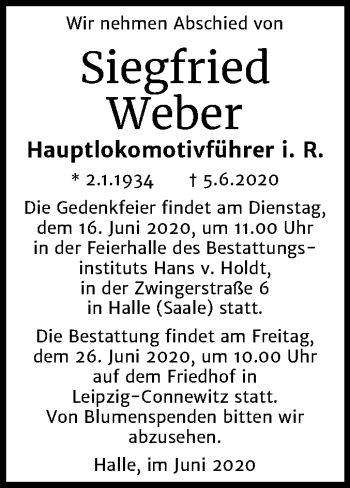 Traueranzeige von Siegfried Weber von Mitteldeutsche Zeitung Halle/Saalkreis