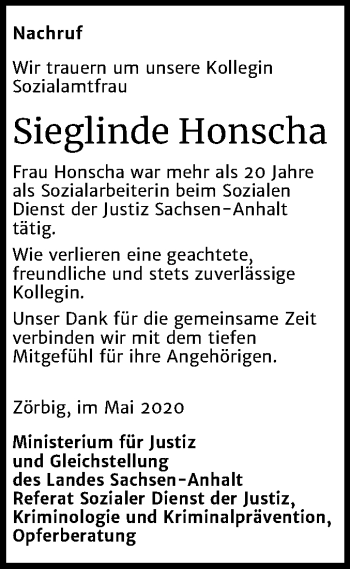 Traueranzeige von Sieglinde Honscha von Mitteldeutsche Zeitung Bitterfeld