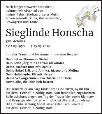 Traueranzeige von Sieglinde Honscha von Wochenspiegel Bitterfeld