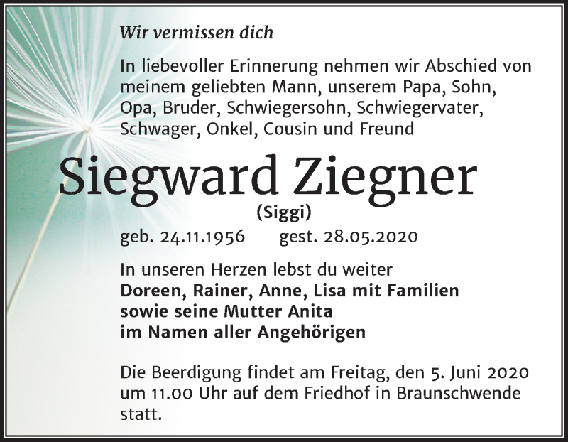  Traueranzeige für Siegward Ziegner vom 03.06.2020 aus Mitteldeutsche Zeitung Mansfelder Land