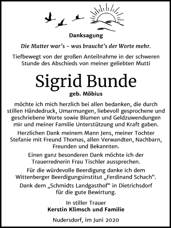 Traueranzeige von Sigrid Bunde von Super Sonntag Wittenberg