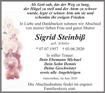 Traueranzeige von Sigrid Steinbiß von Super Sonntag Aschersleben