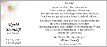 Traueranzeige von Sigrid Steinbiß von Super Sonntag Aschersleben