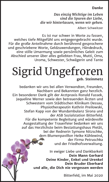 Traueranzeige von Sigrid Ungefroren von Wochenspiegel Bitterfeld