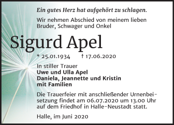Traueranzeige von Sigurd Apel von Mitteldeutsche Zeitung Halle/Saalkreis