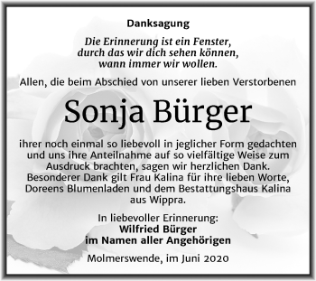 Traueranzeige von Sonja Bürger von Mitteldeutsche Zeitung Mansfelder Land