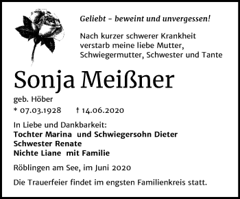 Traueranzeige von Sonja Meißner von Wochenspiegel Mansfelder Land