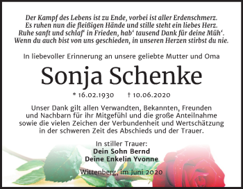 Traueranzeige von Sonja Schenke von Super Sonntag Wittenberg