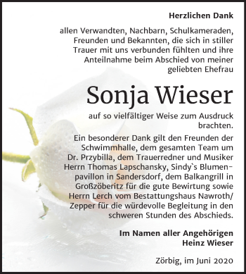 Traueranzeige von Sonja Wieser von Wochenspiegel Bitterfeld