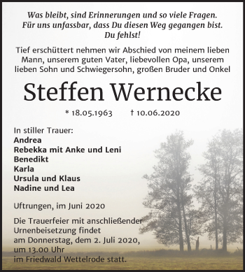 Traueranzeige von Steffen Wernecke von Mitteldeutsche Zeitung Sangerhausen