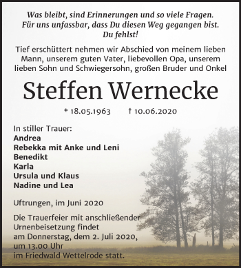 Traueranzeige von Steffen Wernecke von Super Sonntag Sangerhausen