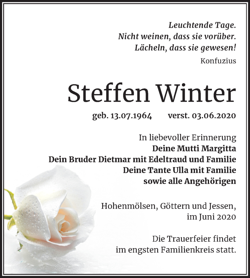  Traueranzeige für Steffen Winter vom 13.06.2020 aus Mitteldeutsche Zeitung Weißenfels