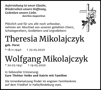 Traueranzeige von Theresia und Wolfgang Mikolajczyk von Super Sonntag Mansfelder Land