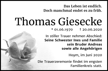 Traueranzeige von Thomas Giesecke von Mitteldeutsche Zeitung Aschersleben