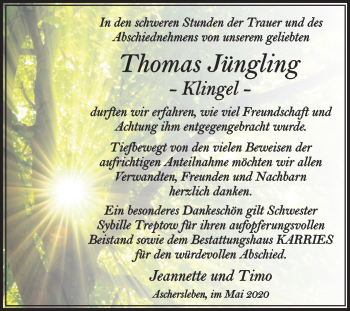Traueranzeige von Thomas Jüngling von Super Sonntag Aschersleben