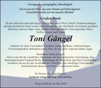Traueranzeige von Toni Gängel von Mitteldeutsche Zeitung Sangerhausen
