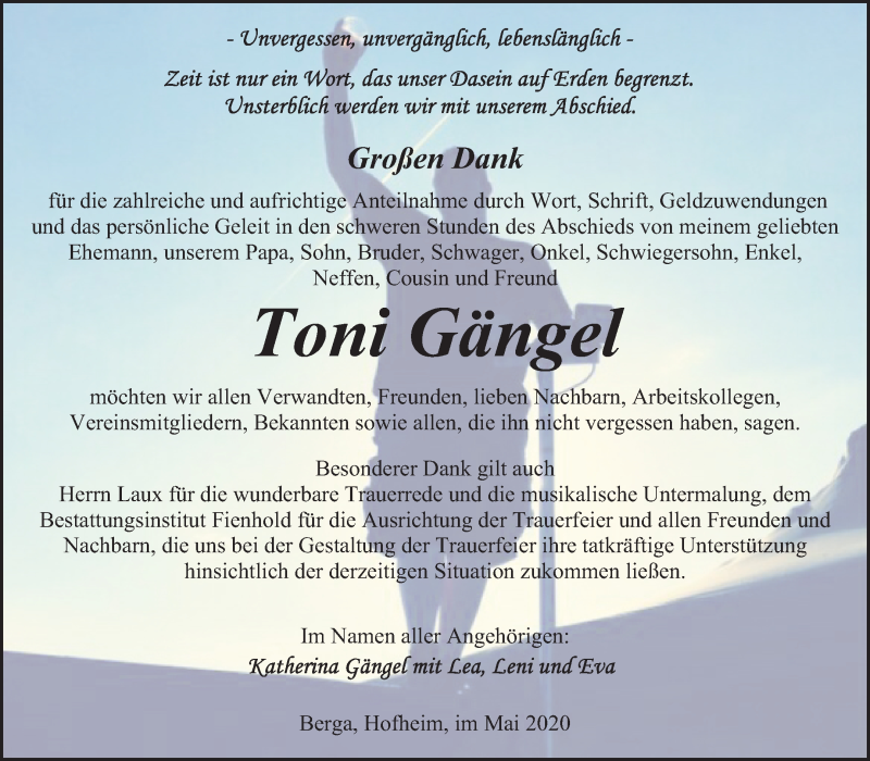  Traueranzeige für Toni Gängel vom 13.06.2020 aus Super Sonntag Sangerhausen