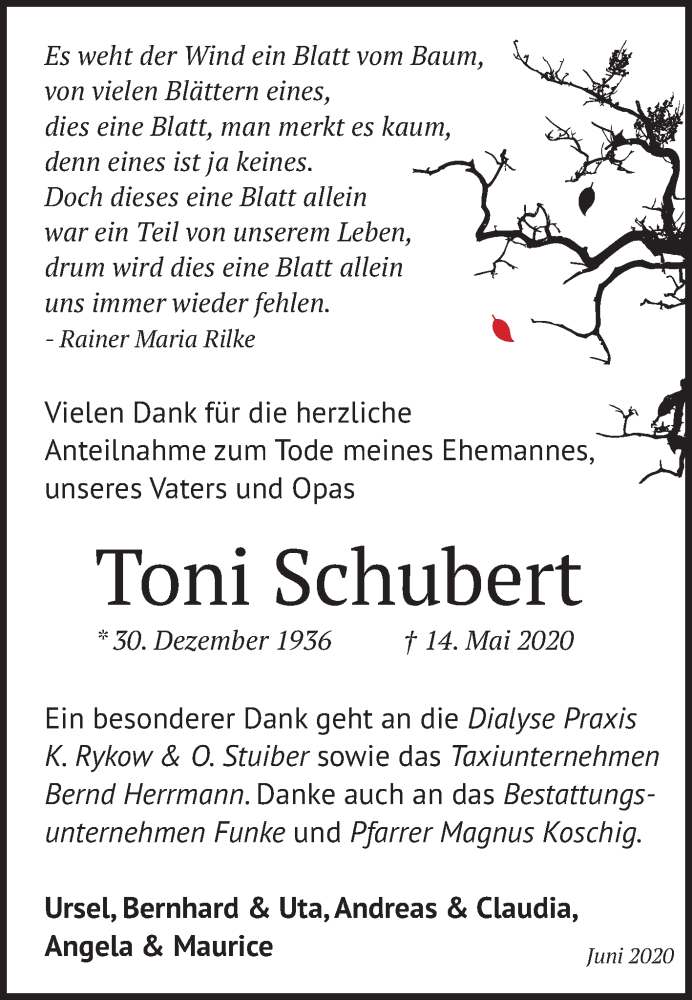 Traueranzeige für Anton Franz (Toni) Schubert vom 20.06.2020 aus Mitteldeutsche Zeitung Halle/Saalkreis