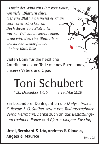 Traueranzeige von Anton Franz (Toni) Schubert von Mitteldeutsche Zeitung Halle/Saalkreis