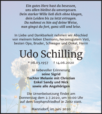 Traueranzeige von Udo Schilling von Mitteldeutsche Zeitung Zeitz
