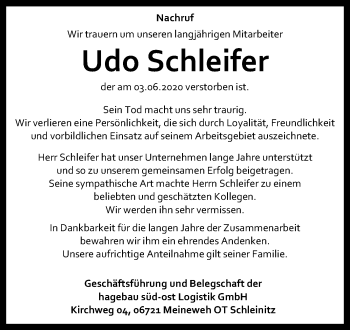 Traueranzeige von Udo Schleifer von Mitteldeutsche Zeitung Zeitz