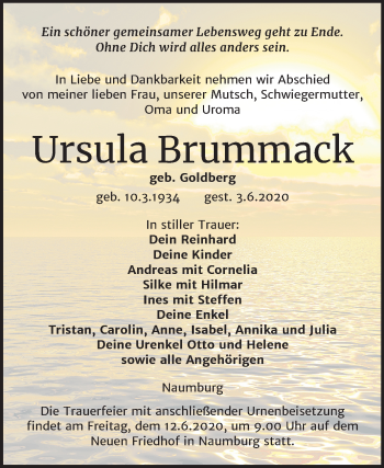 Traueranzeige von Ursula Brummack von Mitteldeutsche Zeitung Naumburg/Nebra