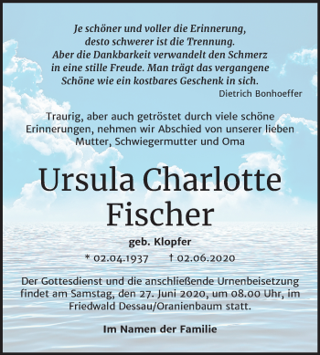 Traueranzeige von Ursula Charlotte von Super Sonntag Dessau-Roßlau
