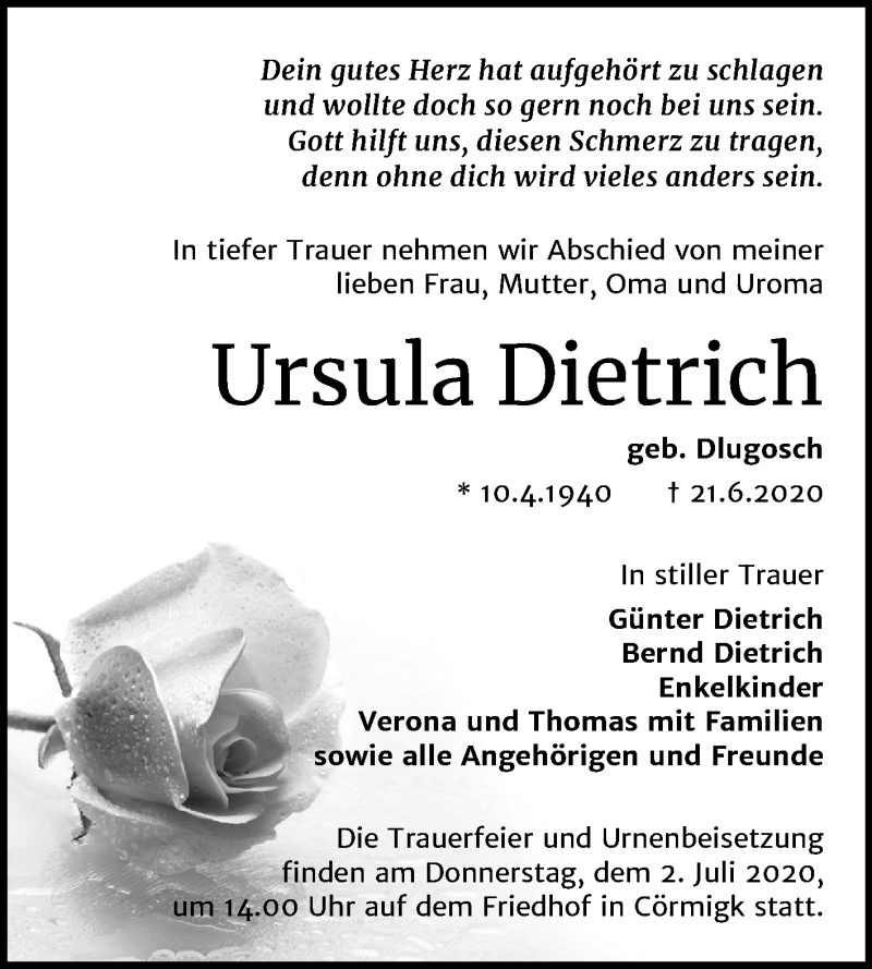  Traueranzeige für Ursula Dietrich vom 26.06.2020 aus Mitteldeutsche Zeitung Bernburg