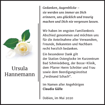 Traueranzeige von Ursula Hannemann von Mitteldeutsche Zeitung Wittenberg