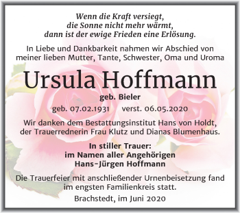 Traueranzeige von Ursula Hoffmann von Mitteldeutsche Zeitung Halle/Saalkreis