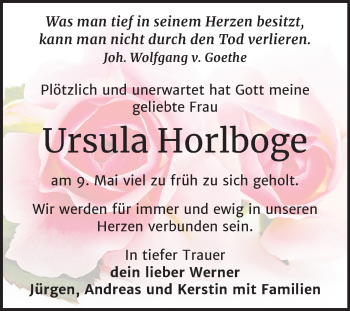 Traueranzeige von Ursula Horlboge von Mitteldeutsche Zeitung Halle/Saalkreis