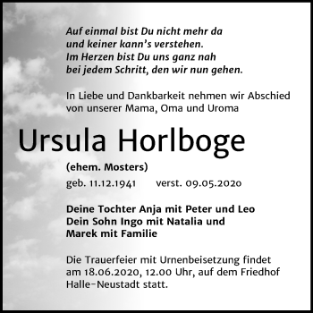 Traueranzeige von Ursula Horlboge von Mitteldeutsche Zeitung Halle/Saalkreis