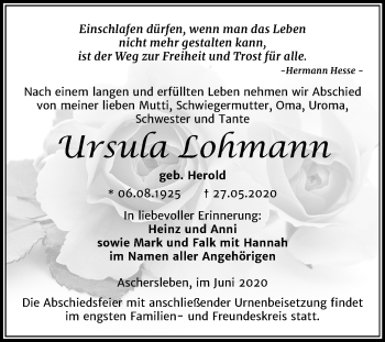 Traueranzeige von Ursula Lohmann von Mitteldeutsche Zeitung Aschersleben