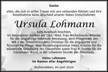 Traueranzeige von Ursula Lohmann von Mitteldeutsche Zeitung Aschersleben