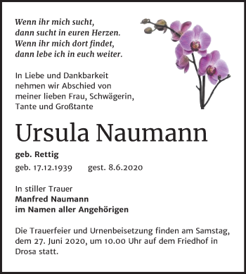 Traueranzeige von Ursula Naumann von Mitteldeutsche Zeitung Köthen