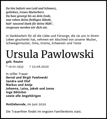 Traueranzeige von Ursula Pawlowski von Mitteldeutsche Zeitung Merseburg/Querfurt