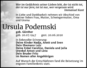 Traueranzeige von Ursula Podemski von Mitteldeutsche Zeitung Merseburg/Querfurt